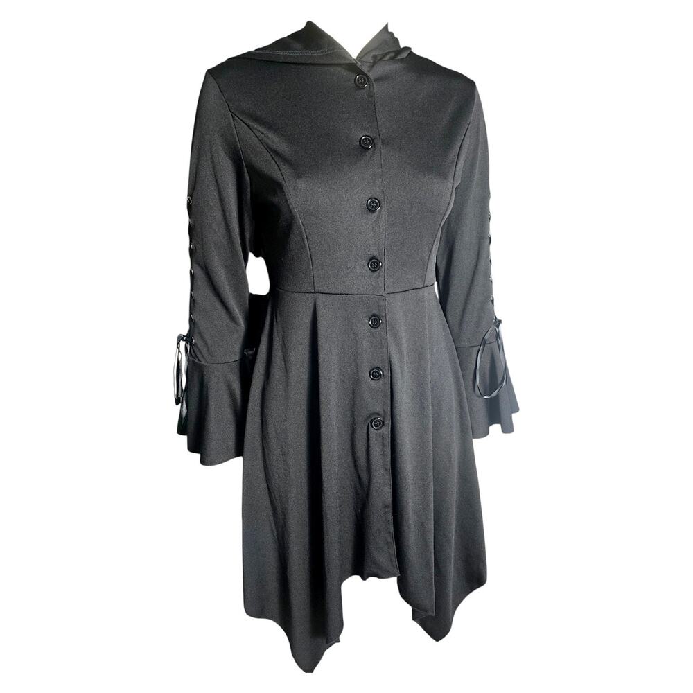 Gothic Black Hooded Coat S Lace Up Grommet Victorian Witchy Flared Jacket